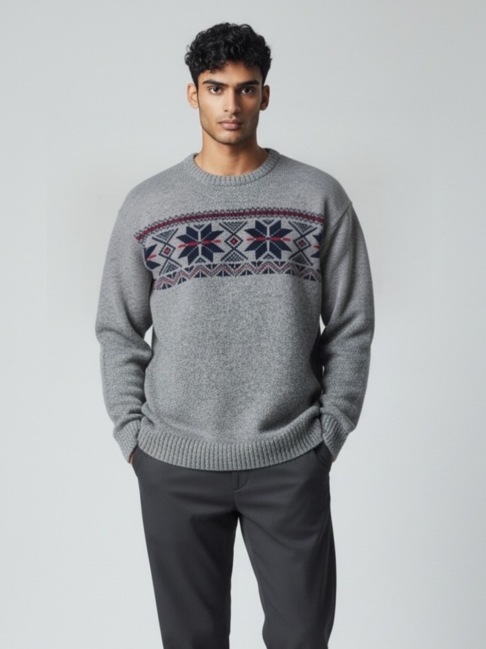 Eddie Bauer Knit Sweater Fair Isle Wool Blend Mens Size Tall XL Gray Ski Nordic